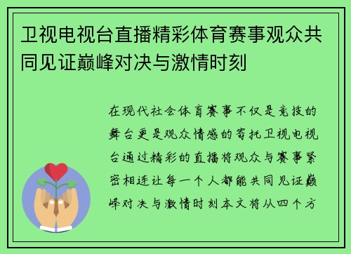 卫视电视台直播精彩体育赛事观众共同见证巅峰对决与激情时刻